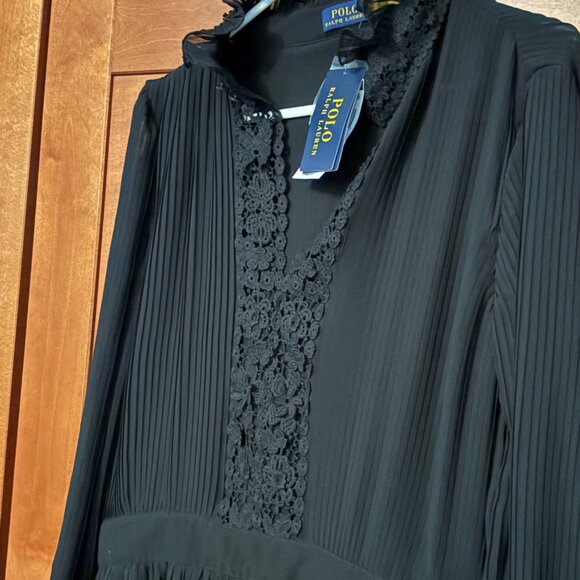 Polo Ralph Lauren Sz 14 Black Georgette Lace Trim Pleated Long Dress Chic - Picture 4 of 12